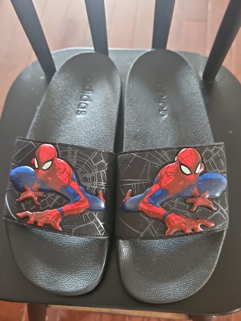 Adidas Kids Black Slides with Red and Blue Spider-Man Graphic